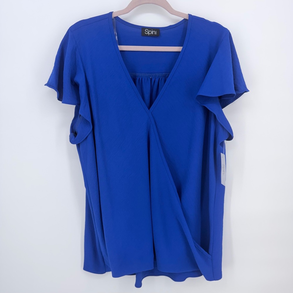 Spin USA‎ Crepe Faux Wrap Blouse Womens XL Royal Blue New Flutter Sleeve V-Neck